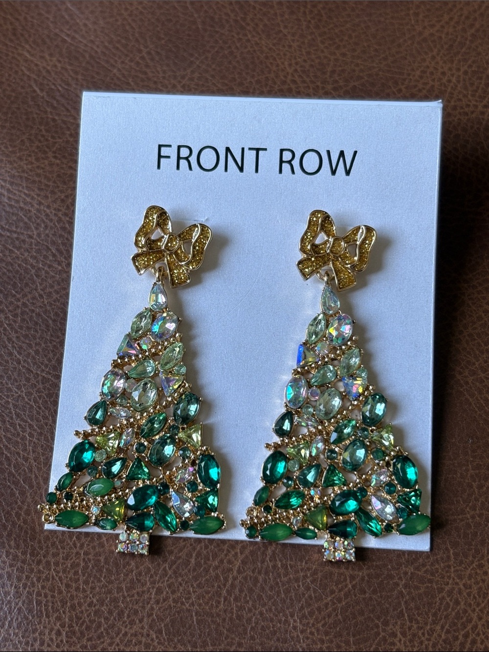 FRONT ROW Gold & Green Crystal Christmas Tree Drop Earrings